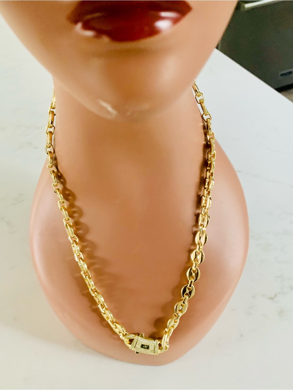 Gold Tone Bar Link Chain Necklace Cuban Metal Chain Style Box Clasp Closure